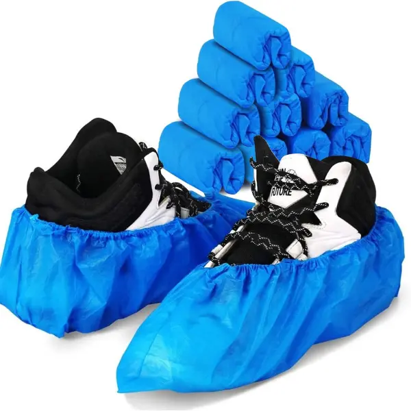 Disposable Plastic Shoe Covers - Waterproof, Dustproof, Non-Slip, Tear-Resistant, Stretchable, Blue, 100-Pack (50 Pairs), 1 Size Fits Most Sizes, Home & Clean-Room Use, Protects Shoes, Floors, Carpets, Household Home Supplies