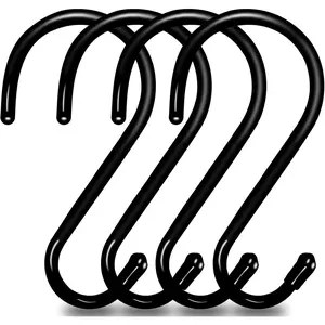 4 Pack Large S Hooks for Hanging Heavy Duty, 6 inch Non Slip Vinyl Coated Metal Closet S Hooks for Hanging Kitchen Utensil Pot Pan Cups Clothes Jeans Towels Hats Bags Plants (Black)
