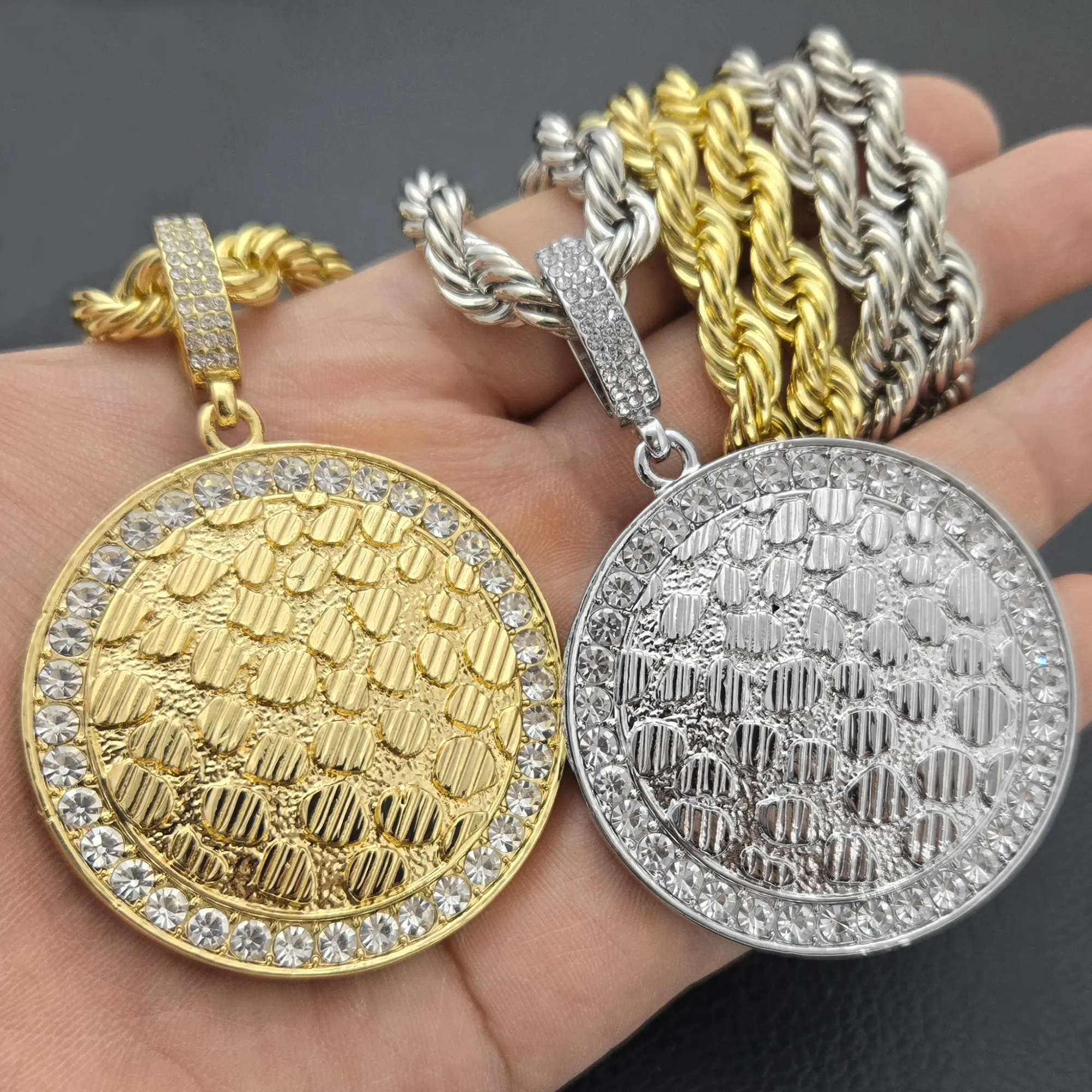 MaxBling81 Unisex Iced Out Large Round Nugget Pendant Necklace, Gold-Plated Alloy with Synthetic Colored Gemstones, 8mm 24-Inch Thick Rope Chain, Pendant & Chain, Chain Jewelry Necklaces