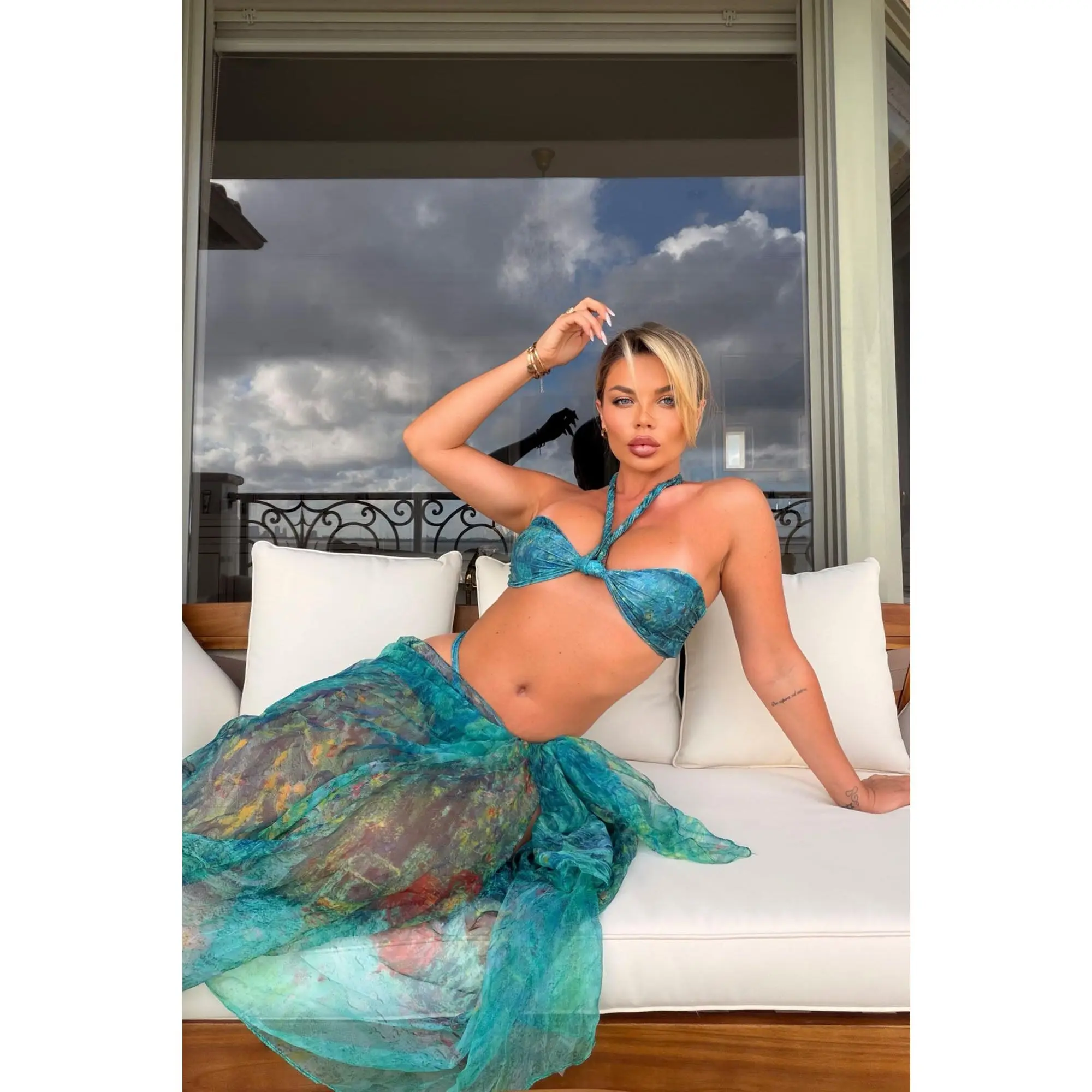 Mina Bandeau Halter Brooch Chiffon Sarong 3 Piece Bikini Set - Emerald