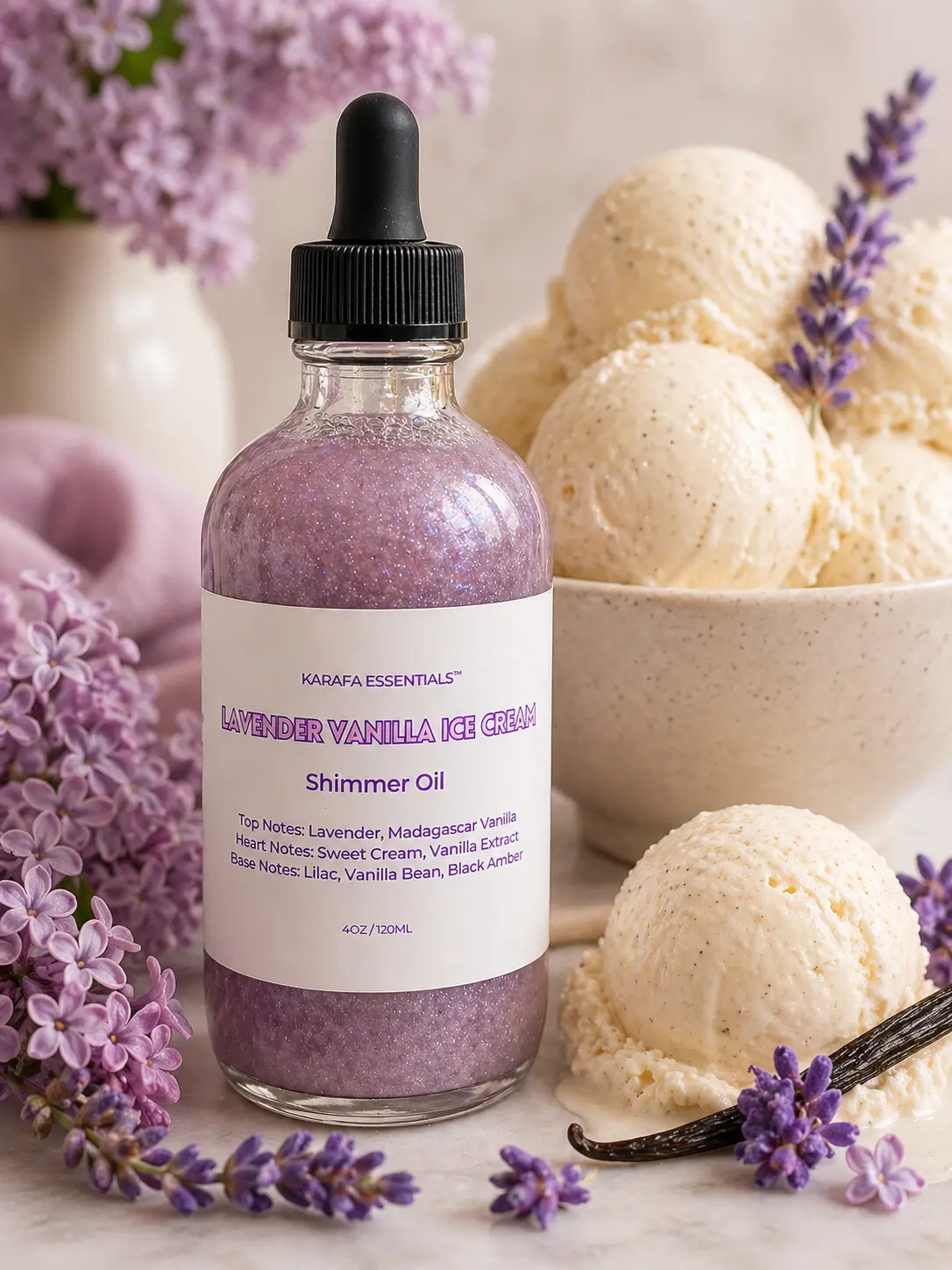 Lavender Vanilla Ice Cream Body Oil Lavender, Madagascar Vanilla, Sweet Cream, Vanilla Extract, Lilac, Vanilla Bean, Black Amber by Karafa Essentials