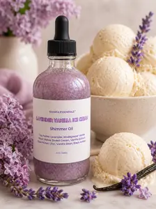 Lavender Vanilla Ice Cream Body Shimmer Oil Lavender, Madagascar Vanilla, Sweet Cream, Vanilla Extract, Lilac, Vanilla Bean, Black Amber by Karafa Essentials