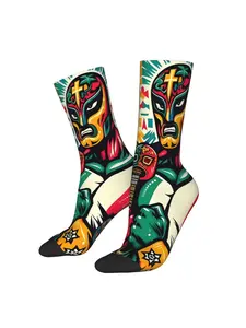 Mexican Wrestling Fun Patterned Tube Socks Casual and Novel Printed Socks Suitable for Teenagers and Adults as Holiday Gifts Elastane Knit Fabric All Over Print Hand Wash or Professional Dry Clean Brand BIIHUDU