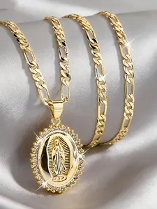 Elegant Zirconia Guadalupe Medal Pendant Necklace, Cuban Style Necklace, Cuban Chain Necklace, Perfect Gift for Festive Occasions, Prayer Jewelry for Special Moments