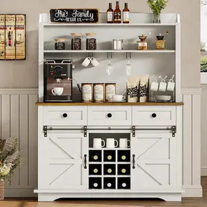 HOMBCK 63 Inch Tall Coffee Bar Cabinet with 3-Tier, Kitchen Hutch with 3 Large Drawers, Farmhouse Coffee Bar with 9 Wine Racks & 3 Glass Holders, Wine Storage Cabinet for Living Dining Room