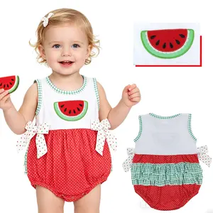 Baby Girl's Red Bubble Romper with Watermelon Embroidery, Polka Dot Body, Gingham Ruffle Sleeves and Bow, Sizes 0M-2T