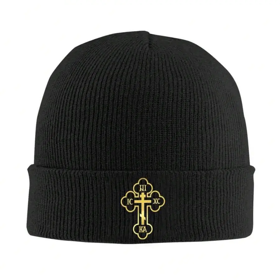 S&T IC XC NIKA Unisex Orthodox Church Cross Knitted Hat - Winter Warmth, Gold Greek Letters And Cross Design, Soft Acrylic Knit, Suitable For Church, Greek Orthodox Church, Church Clothing, Sports Style, Durable Structure, Faith Apparel