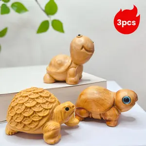 3Pcs Assorted Turtle Figurines Set, Hand Carved Wooden Tortoise Ornaments, Home Desk Decor Gift