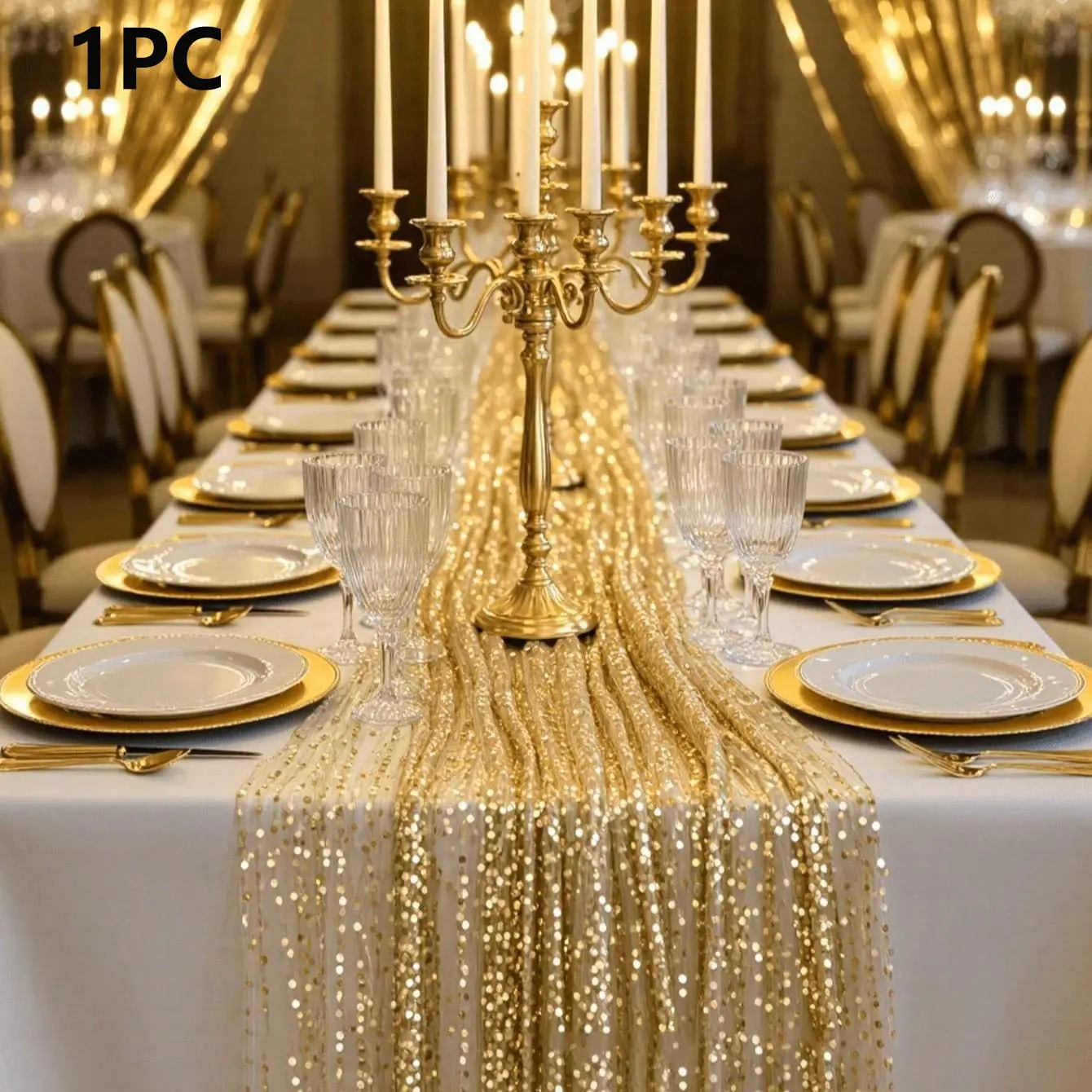 1PC Sequin Table Runner Set, Shiny Gold Wedding Banquet Party Ornaments Decoration, Wedding Centerpieces, Square Tablecloth with Fringe Edges, Special Event Decor, Party Decor Supplies