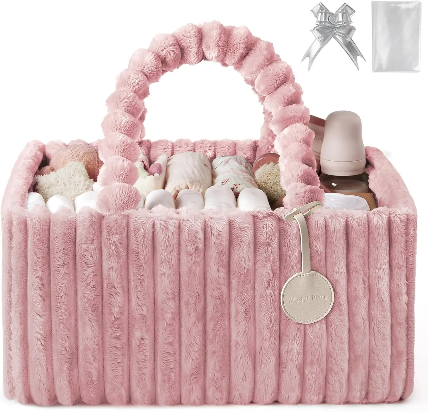 Blissful Diary Flannel Diaper Caddy Organizer, included Gift Packaging, Cozy Nursery Storage Basket, Gift for Baby Shower, Newborn Essentials, Blush Pink
