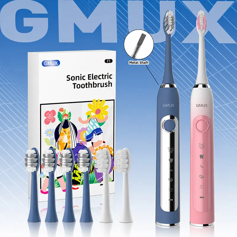 GMUX IPX8 Sonic Electric Toothbrush for Adults - USB Rechargeable, Metal Shaft, Intelligent Timer, Couple Style, Replaceable Brush Heads (Includes 6 Heads)