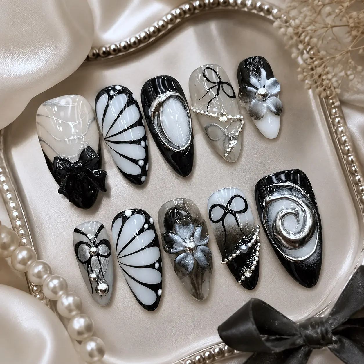 M41 Midnight Bloom Press-On Nails, Black White Floral Art, 3D Ribbon Bow Embellishment, Silver Chrome Frame, Crystal Pearl Accent Design, Handmade Elegant Gothic Luxury Nail Set