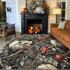 Dark Rose Skull Pattern Printed Floral Area Rug for Halloween, Versatile Home Decor Carpet, Large Living Room Mat for Sofa and Bedroom, Multiple Sizes Available