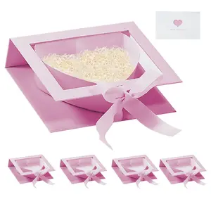 Heart Shape Storage Boxes 8'x6'x2' Valentine's Day Candy Boxes with Clear Lid Ribbon card Lafite grass For Mother's Day Father's Day Valentine's Day Confession