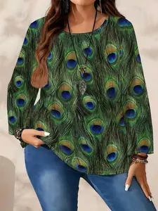 Women's Plus Size Casual Loose Fit Long Sleeve Top, Round Neck Peacock Feather Full Print T-Shirt for Fall & Winter