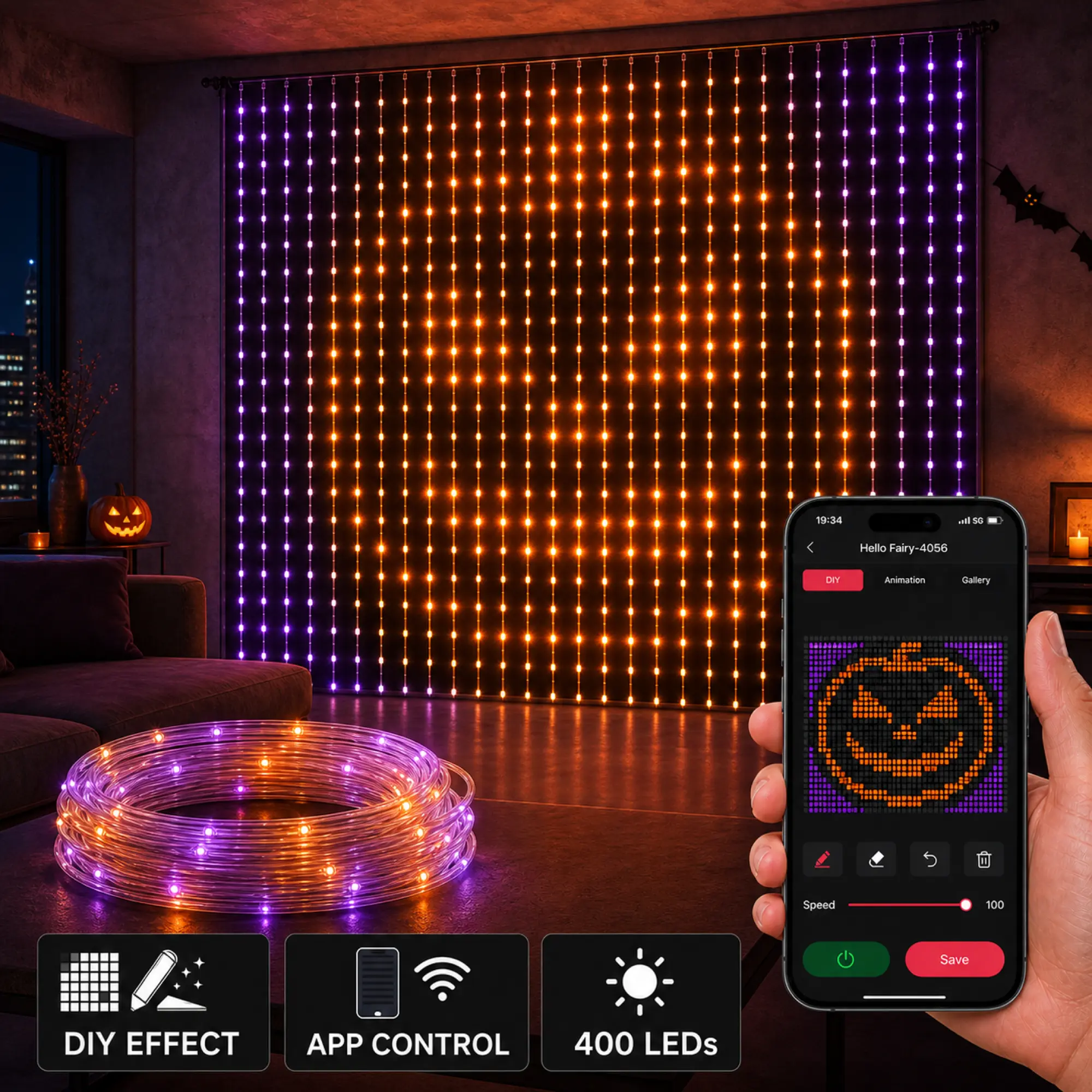 Halloween Smart RGB Pixel Curtain Lights, 400 LEDs with App Control, DIY Text & Custom Patterns, Music Sync, 16M Colors, Color-Changing Window and Wall Backdrop Lights for Bedroom, Party and Holiday Decor