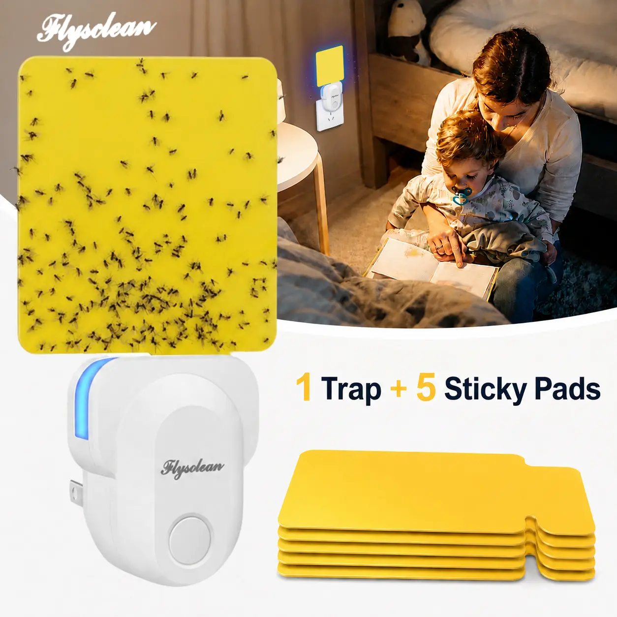 Plug-In Indoor Flying Insect Trap with Blue Light, Double-Sided Sticky Board Bug Catcher for Fruit Flies, Gnats & Small Flying Bugs, Easy Home Use with 5 Replacement Cards kitchen domestic