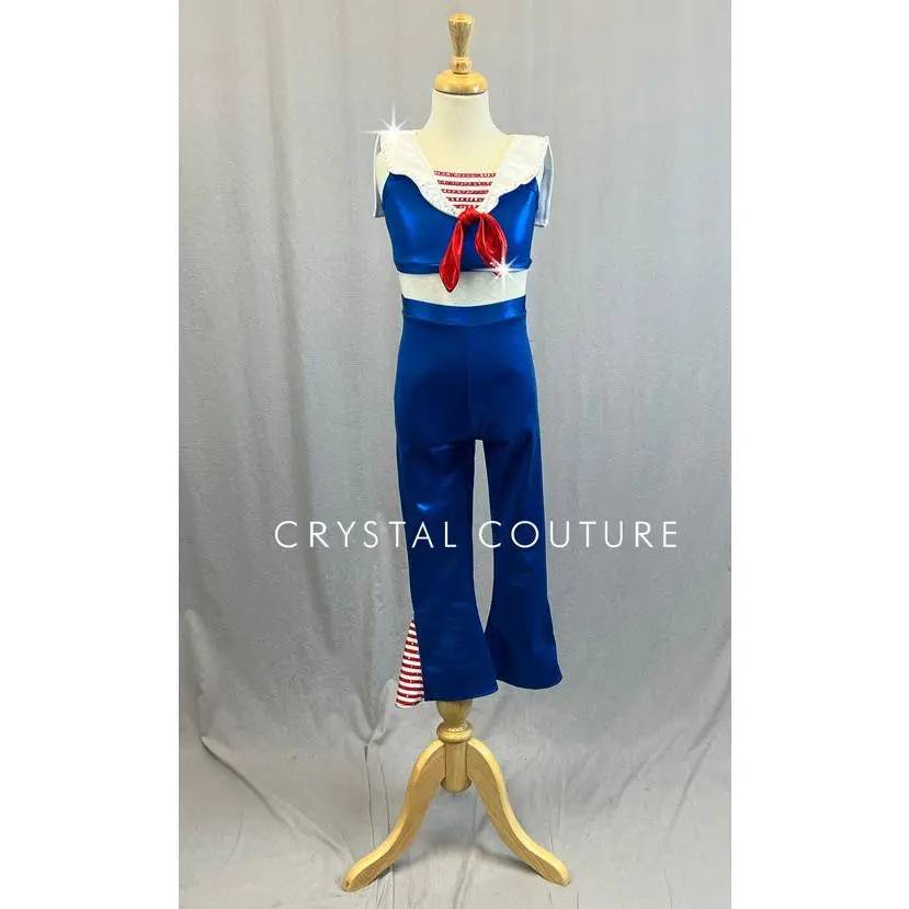 Custom Blue, Red & White Sailor Inspired Two Piece with Flare Pants - Rhinestones
