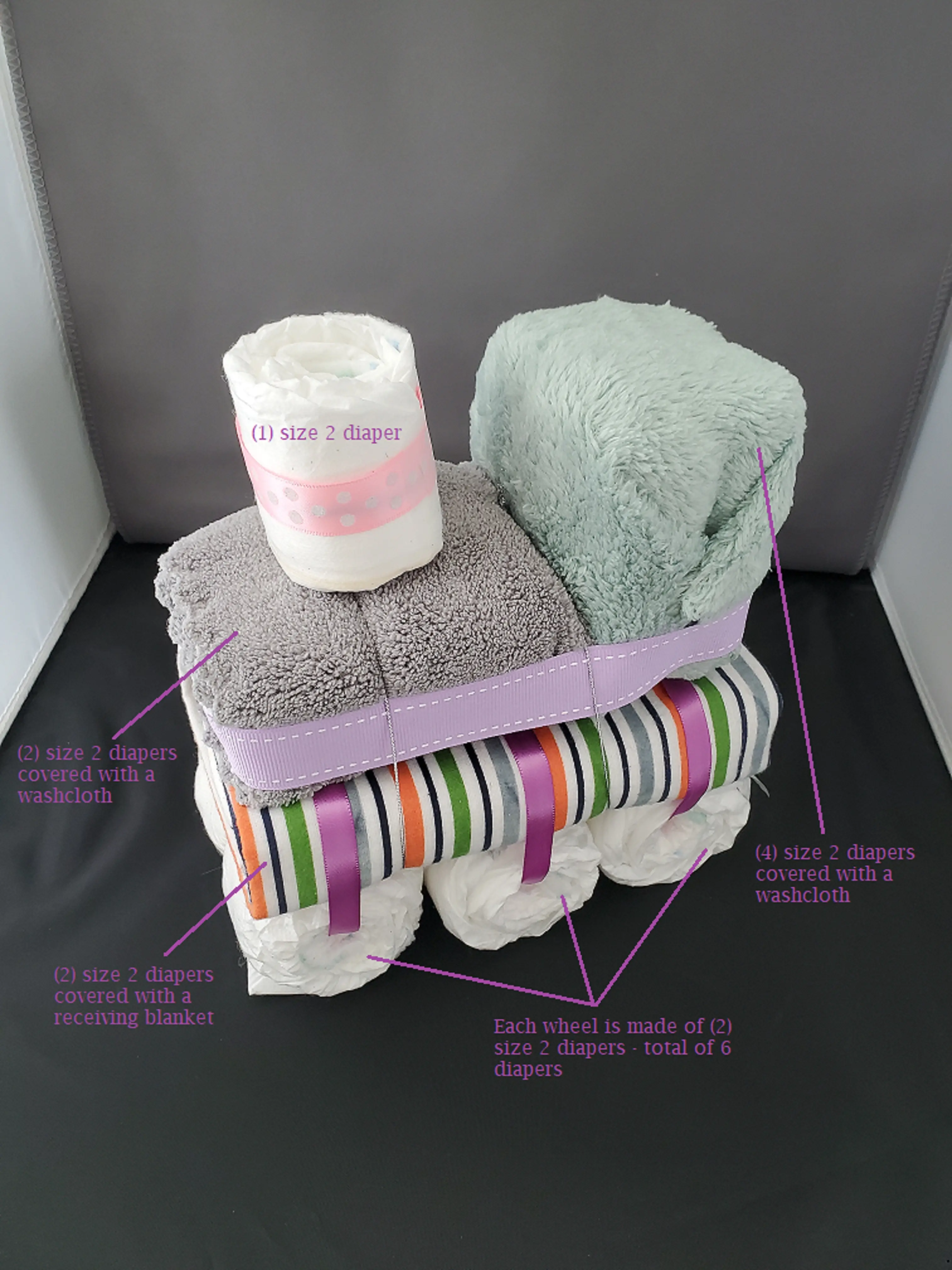 Train diaper cake - Grey, aqua, stripes