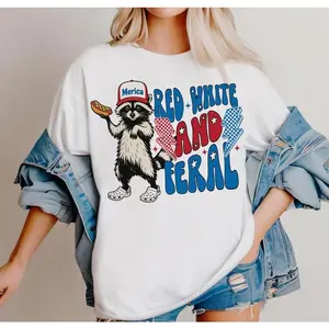 [100% Cotton] Trendy T - Shirt Featuring a Cool Raccoon: Stylish 'Merica' Look with Catchy 'Red White and Feral' Typography  Golf Gift T-Shirt For Men and Women