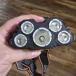 Two portable LED headlamps, flashlights that can be charged via USB, with waterproof function, adjustable headlamp design, suitable for outdoor camping, hiking, night fishing, and car maintenance work.