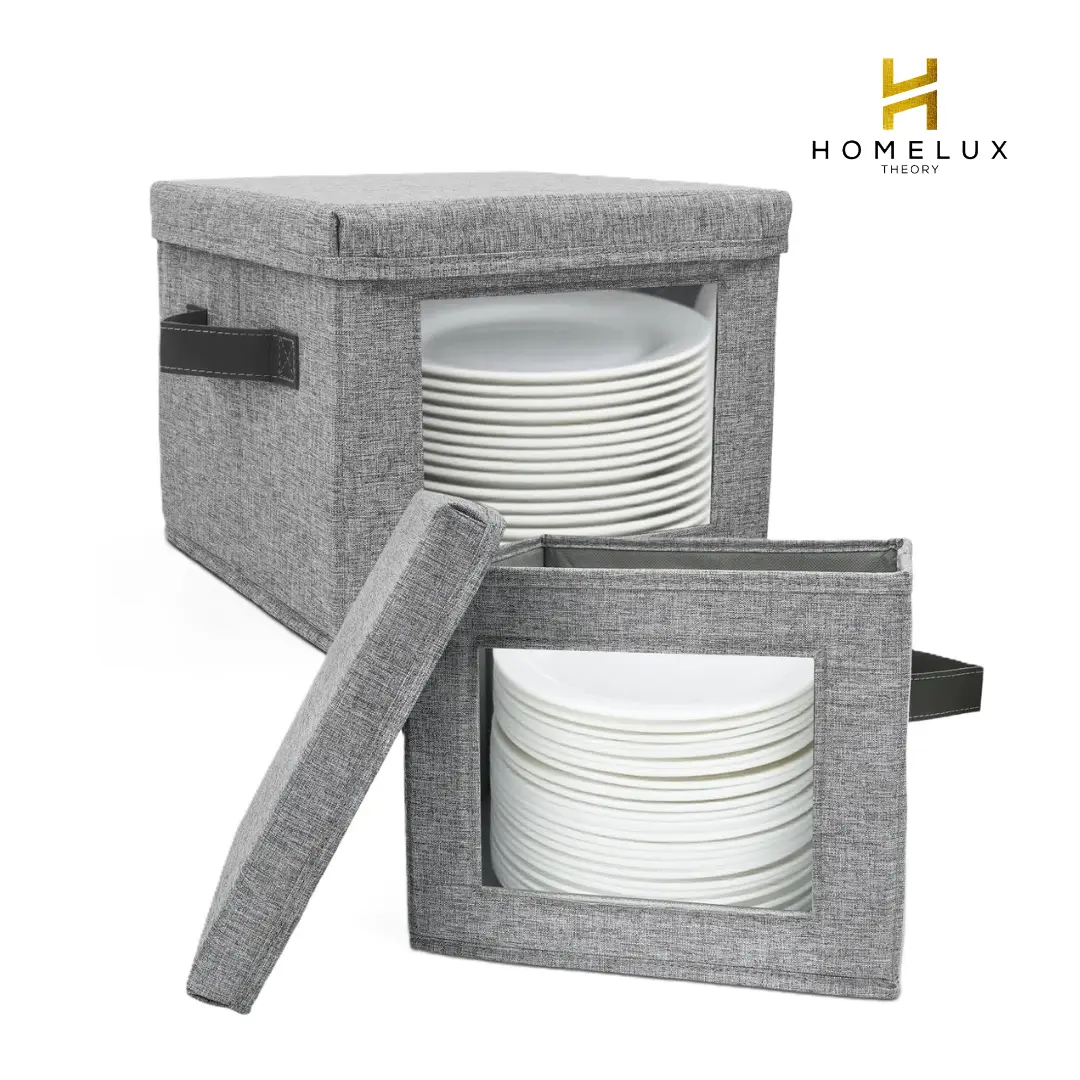 HOMELUX THEORY Hard Shell Storage Containers for Dishes, 2pcs 12"x8" Plate Storage, Square Storage Containers with Lid, Heavy Duty Fine China Dish and Dinnerware Storage with 30 Felt Pads