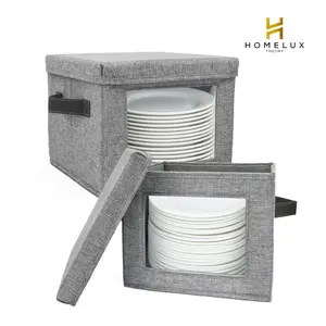 HOMELUX THEORY Hard Shell China Storage Containers for Dishes, 2pcs 12"x8" Plate Storage, Square Storage Containers with Lid, Heavy Duty Fine China Dish and Dinnerware Storage with 30 Felt Pads