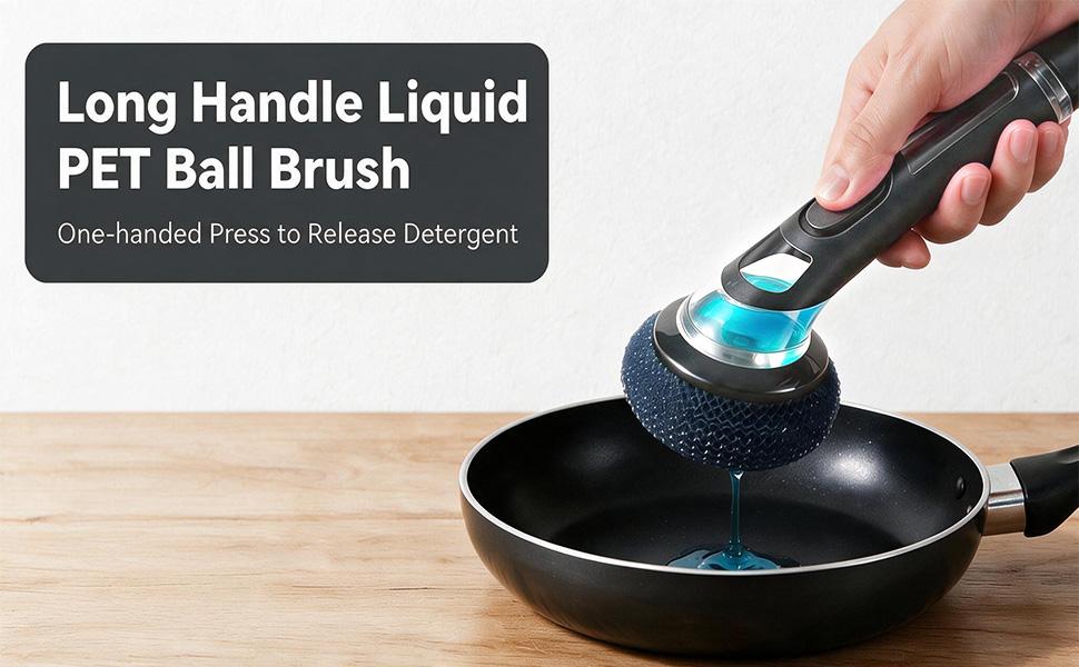 Kitchen Dish Brush with Soap Dispenser, Long Handle Cleaning Brush with 2 Brush Heads for Cookware, Sink and Kitchen Cleaning