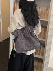 Large Capacity Gingham Nylon Tote Bag, Casual Shoulder Bag for Daily Use, Perfect for Shopping and Commuting, All-Season Fashion Accessory