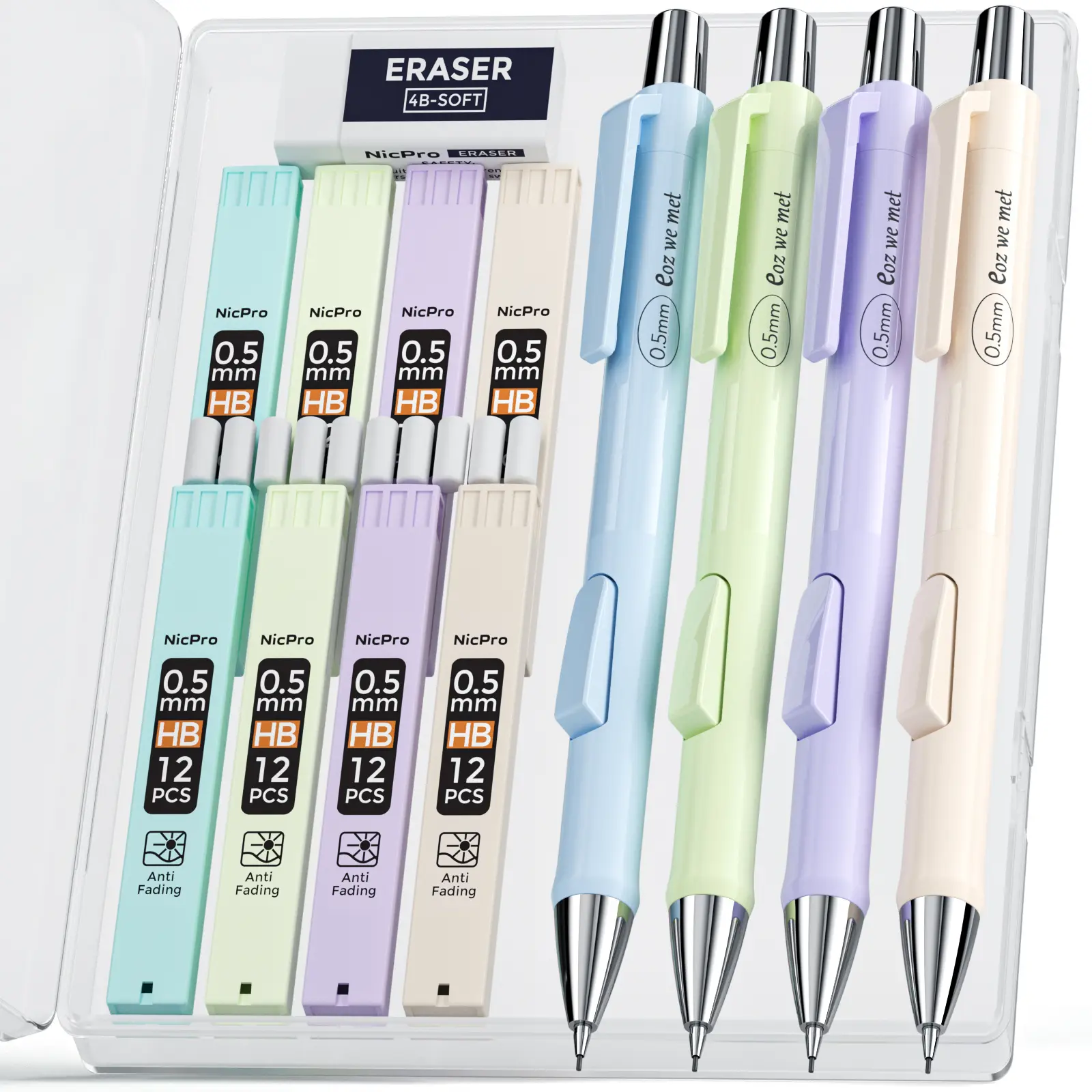 Nicpro Pastel Mechanical Pencils Set, Fast-Click Aesthetic 0.5 or 0.7 mm HB Lead Mechanical Pencils with Refills, Erasers, Case for Artist Drafting, Student Writing, Lead Mechanical Pencil