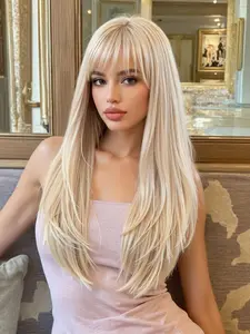22 Inch Light Bangs Long Straight Hair Wig, Synthetic Material Full Head Set, Natural Wear Daily, Perfect for Holidays