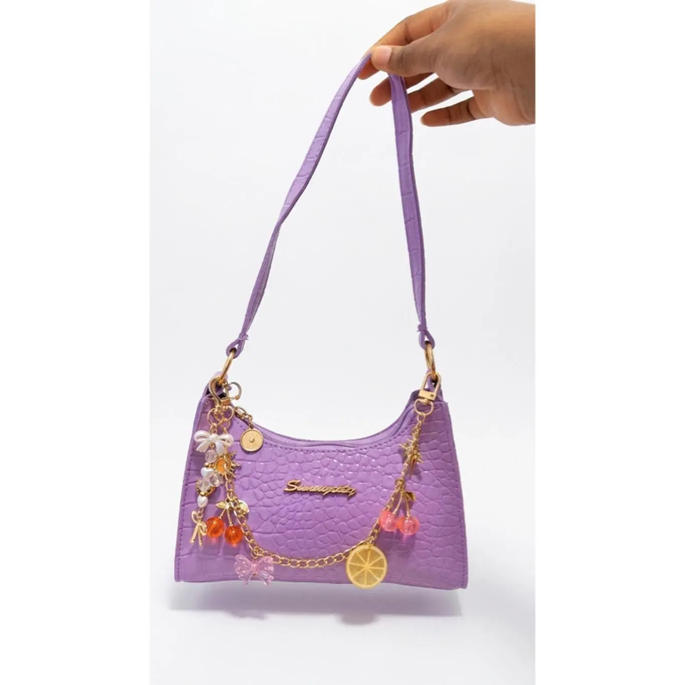 Purple Medium PU Leather Handbag with Gold Chain Fruit Decorations Underarm Style