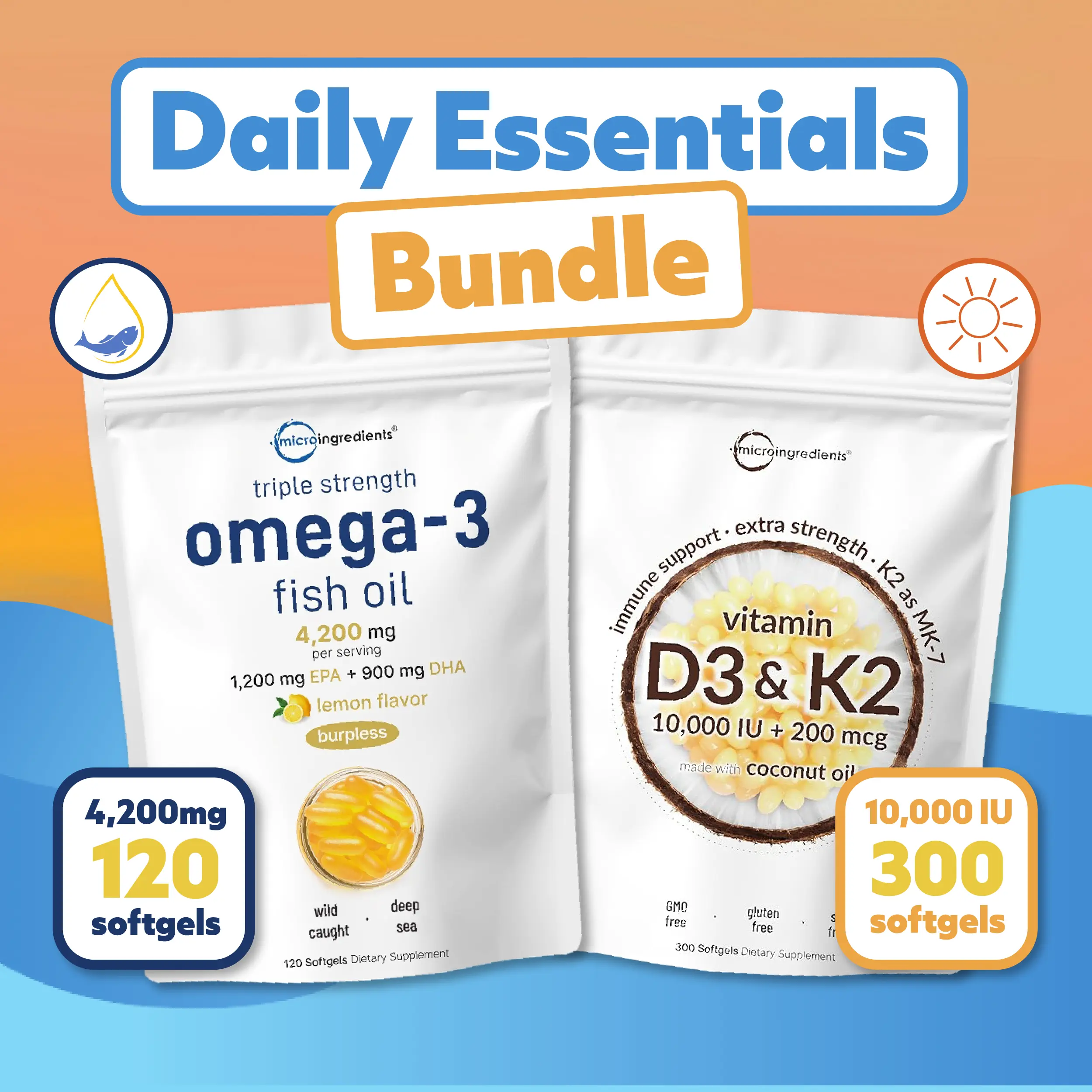 Micro Ingredients Daily Essential Bundle: Vitamin D3 K2 Supplement & Triple Strength Omega 3 Fish Oil Supplement Fitness Supplement Micro Ingredients Daily Essential Bundle: Vitamin D3 K2 Supplement & Triple Strength Omega 3 Fish Oil Supplement Fitness Supplement
