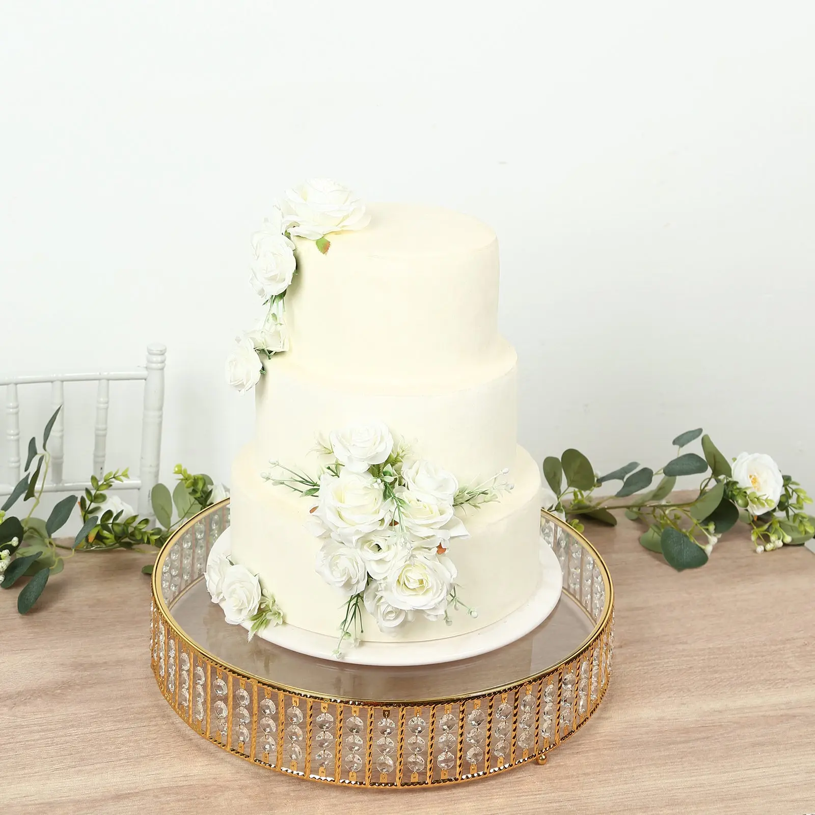 18" Round Gold Cake Stand with Hanging Crystal Beads and Glass Top – Metal Dessert Display Tray