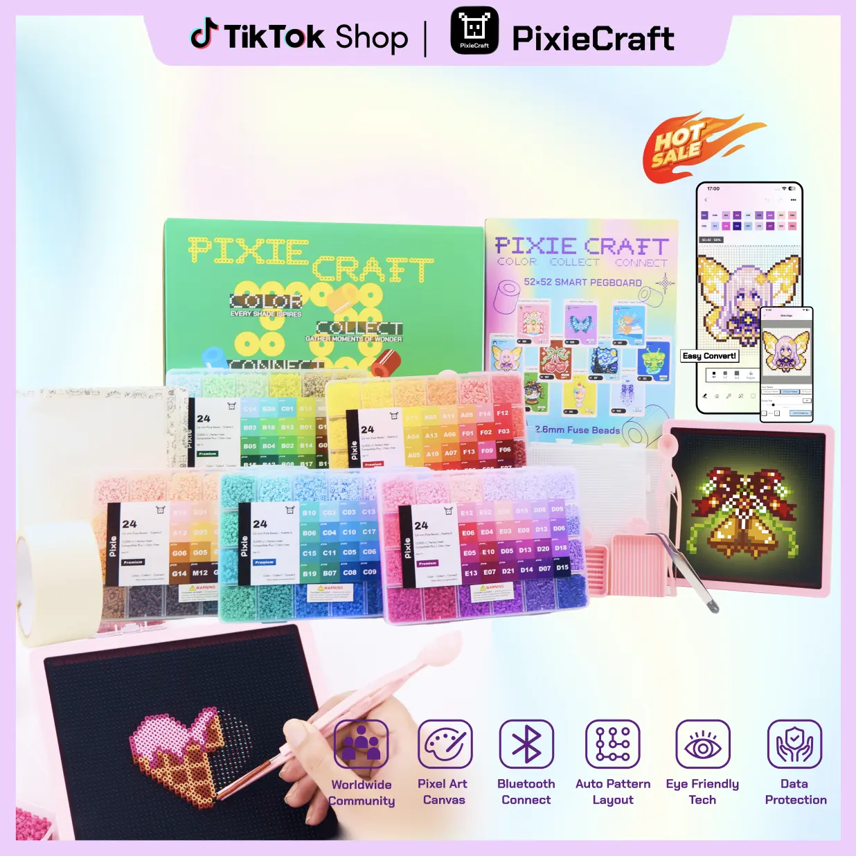 PixieCraft Smart Pegboard Value Pack, Fuse Beads 2.6mm + LED Smart Pegboard, 48/72/96/120 Colors, App Guided Pixel Art, Bluetooth Photo to Pattern Craft Set