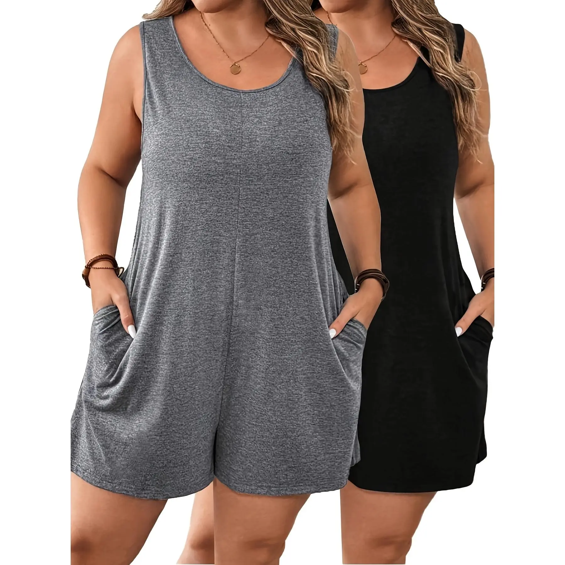 Women's Plus Size 2-Piece Casual Knit Clothes Set - Sleeveless Overalls with Loose-Fit Culottes, Pockets, Elastane-Polyester Fabric, Casual Vest, Black/Grey, Machine Washable, No Dry Cleaning