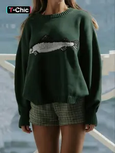 Women's Fish Shark Animal Pattern Y2K Long Sleeve Round Neck Loose Vintage Knit Sweater Pullover, Casual Spring & Fall Fashion, Moderate Fabric Thickness, Oversized