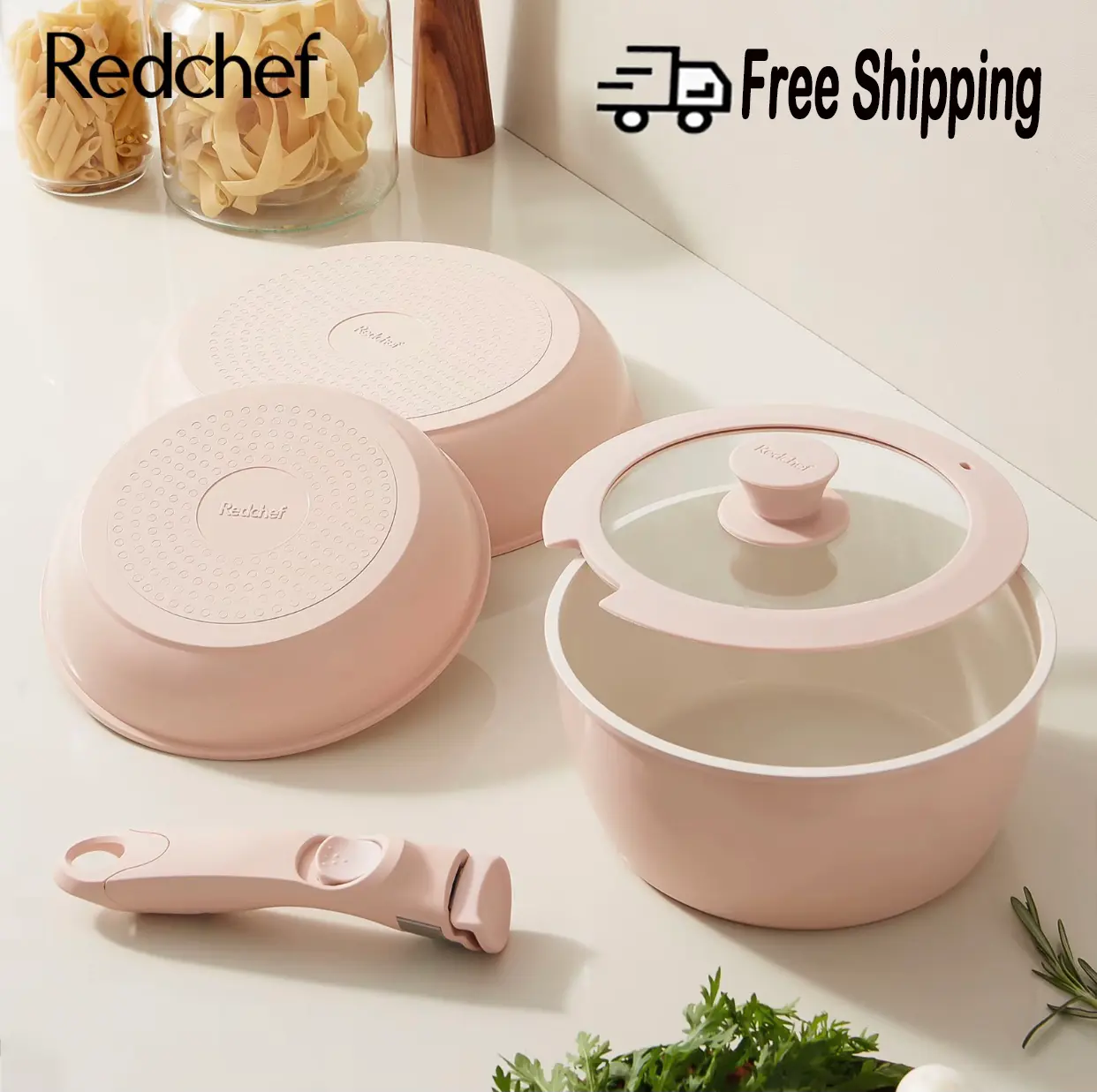5pcs Redchef Removable Handle Non-Stick Ceramic Cookware Set, RV-Friendly, No PFAS/PTFE/PFOA,Dishwasher & Oven Safecookware