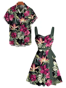 2025 Vacation Couple Outfit Women's Tropical Floral Leaf Pattern Ruched Bust Belt Dress and Men's Button Up Shirt Hawaii Matching Outfit beachwear