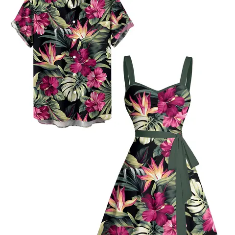 2025 Vacation Couple Outfit Women's Tropical Floral Leaf Pattern Ruched Bust Belt Dress and Men's Button Up Shirt Hawaii Matching Outfit beachwear