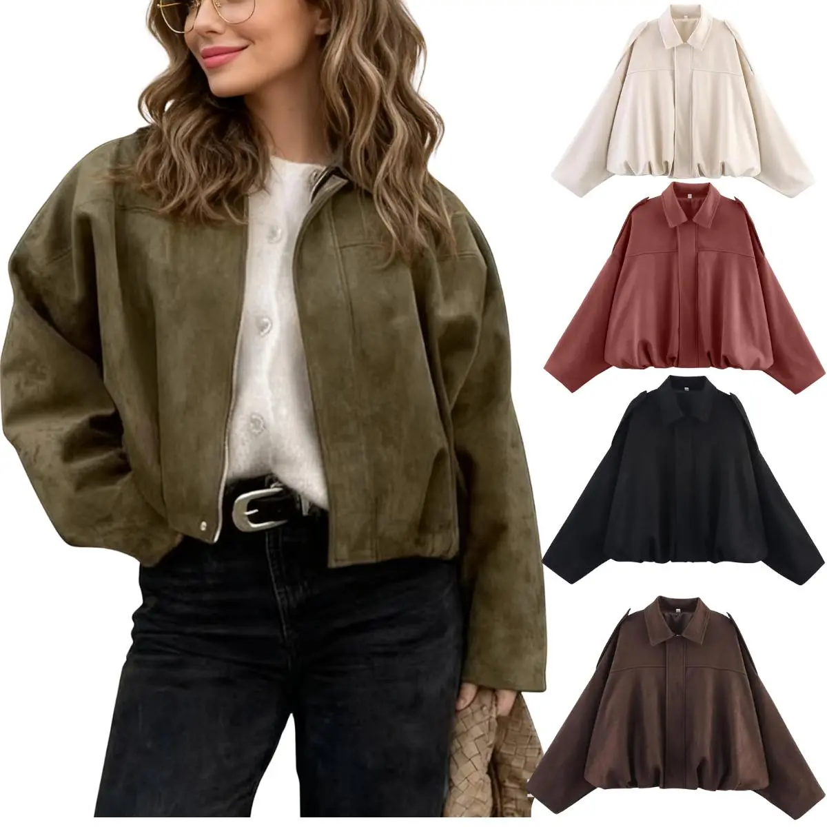 JOVENPARA Women's Faux Suede Bomber Jacket, Oversized Cropped Long Sleeve Collared Coat for Fall Casual Outerwear