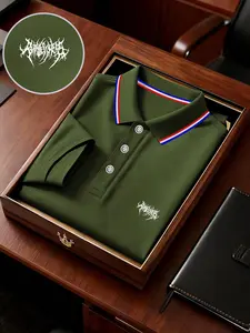 Men's Geometric Print Polo Shirt, Loose-Fit Short Sleeve, Breathable Elastic Fabric, Casual Business Tee, Spring Summer Outdoor Wear