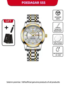 POEDAGAR Men's Luxury Trendy Exquisite Watch Elegant Date Week Waterproof Night Light Men's Watch Stainless Steel Quartz Premium Sports Men's Watch Gift Preferred