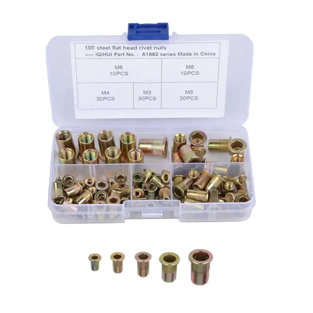 100 PCS Metric Rivet Nut Assortment Kit, Flat Head Zinc Plated Carbon Steel Rivnuts, M3 M4 M5 M6 M8 Threaded Insert Nuts Set