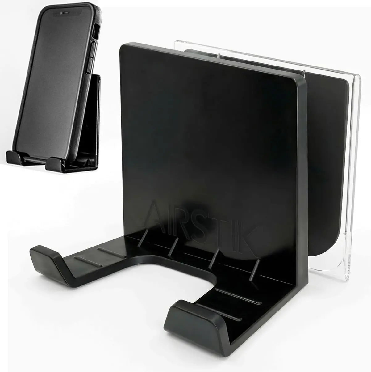 Cell Phone Holder for Glass Shower, Mirror & Window | Universal Micro-Suction Mount with Removable Back Plate | Reusable & Waterproof for Bathroom, Kitchen, Dorm, Gym | Made in USA (Black)