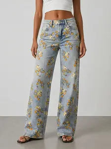 Yellow Floral Print Jeans Y2K Wide Leg High Waisted Denim Pants Vintage Aesthetic Light Wash Baggy Pants Women Casual Summer Outfit