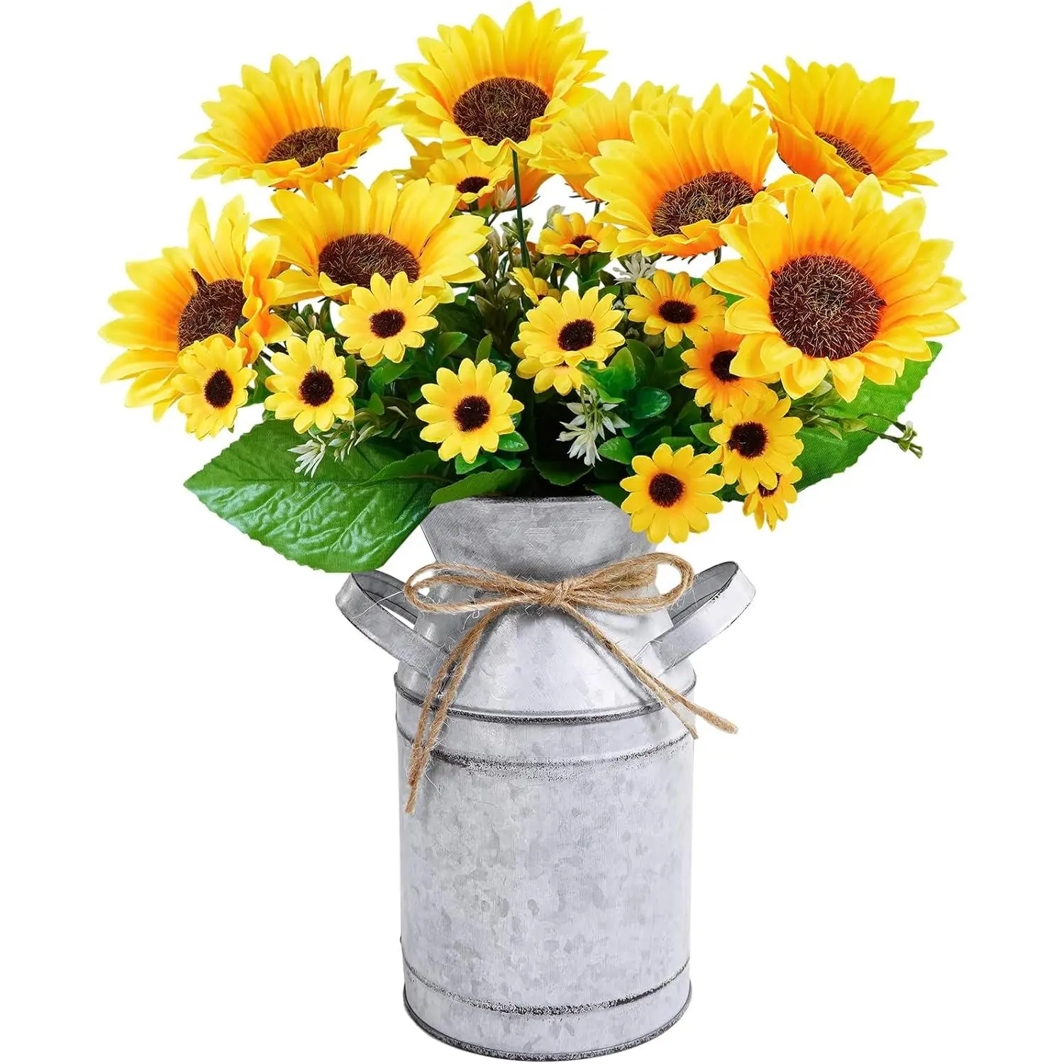 P-SO05 Farmhouse Decorative Floral Centerpiece Set - Lightweight Tin Metal Milk Jug Vase with Adjustable Silk Sunflower Bunches, 13" Tall, 4.1" Bottom Diameter Rustic Home Decor for Kitchen, Balcony Table, Ideal Gift, Plants, Birthday