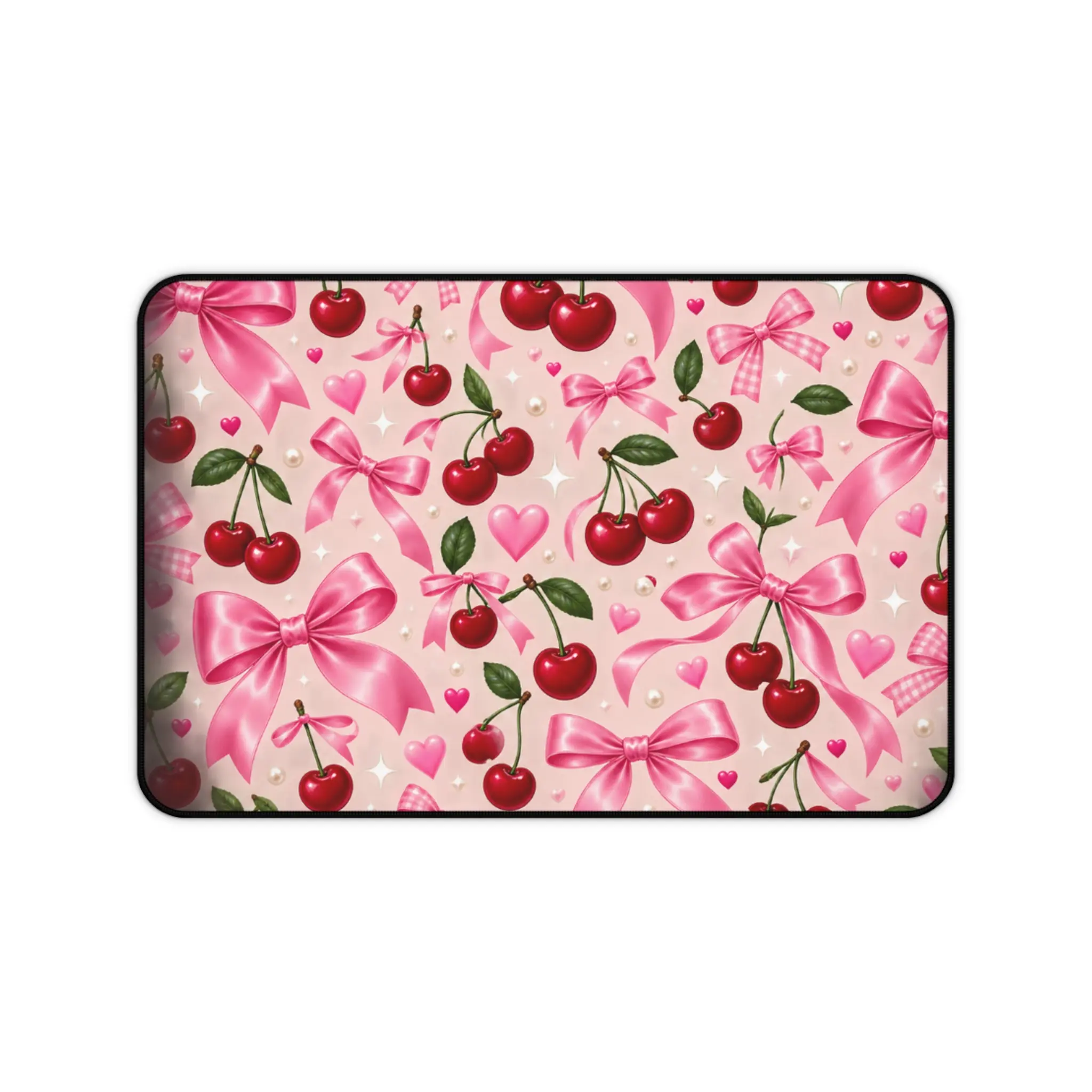 Pink Cherry Bow Pattern Desk Mat | Cute Heart Cherry Mouse Pad