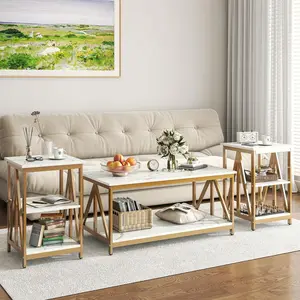 3 Pieces Living Room Table Set, Industrial Coffee Table With 2 Square End Side Tables, Coffee Table Set With Metal Frame For Apartment Home Office