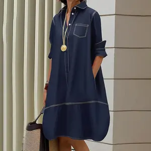 UOOZEE Women new Cotton Lapel Midi Dresses Fall Spring Loose Vintage Buttoned Pockets Long Sleeves Dress Urban Casual “British’s Parachute Dress” womenswear basic Outfits (Women with Broad Shoulders Recommended to Size Up)